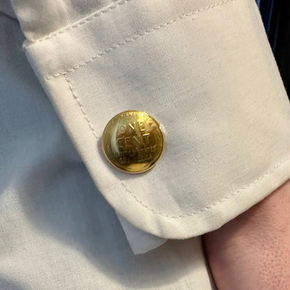 24k Gold Plate U.S. Wheat Penny Coin Cufflinks in a white button up shirt sleeve. - Mountainstruck Coin Jewelry