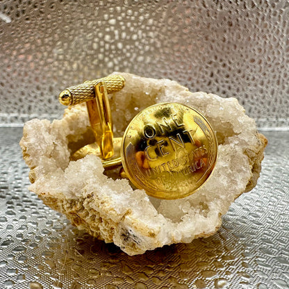 24k Gold Plate U.S. Wheat Penny Coin Cufflinks on a geode in front a shiny silver background. - Mountainstruck Coin Jewelry