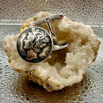U.S. Silver Mercury Dime Domed Coin Cufflinks on a geode with a shiny metallic background. - Mountainstruck Coin Jewelry