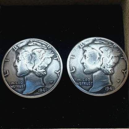 U.S. Silver Mercury Dime Domed Coin Cufflinks on a black velvet background. - Mountainstruck Coin Jewelry