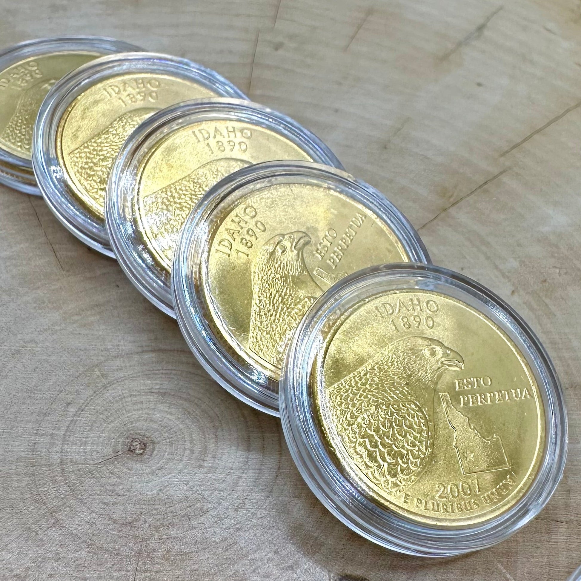 Laid out stack of U.S. Idaho State Quarter 24k Gold Plated Coin plated with Idaho Gold in a plastic case on a light wood round with a metal mountain background.
- Mountainstruck Coin Jewelry
