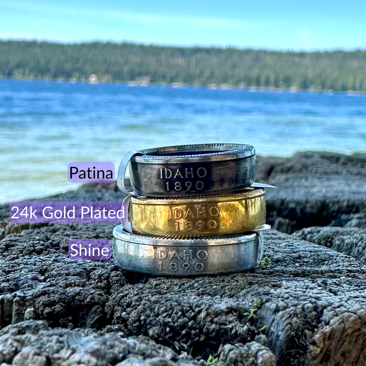 Three stacked rings made from Idaho state quarters, showing different finishes: Patina (dark silver), 24k Gold Plated (yellow gold), and Shine (bright silver). The rings are stacked on a weathered log with a lake and forest in the background. - Mountainstruck Coin Jewelry