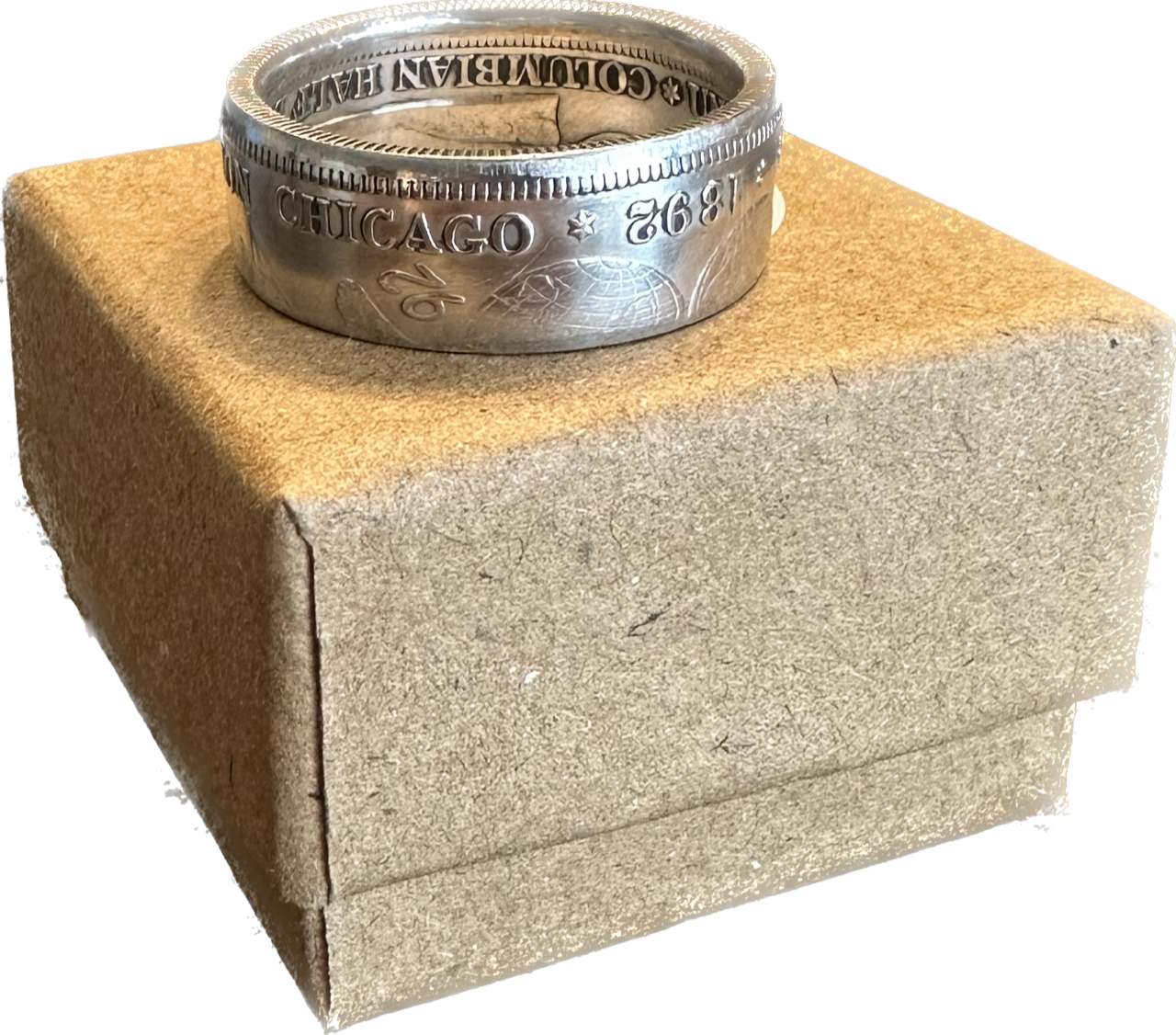 1892-1893 Chicago Columbus Silver Half Dollar Coin Ring on a brown kraft box. - Mountainstruck Coin Jewelry