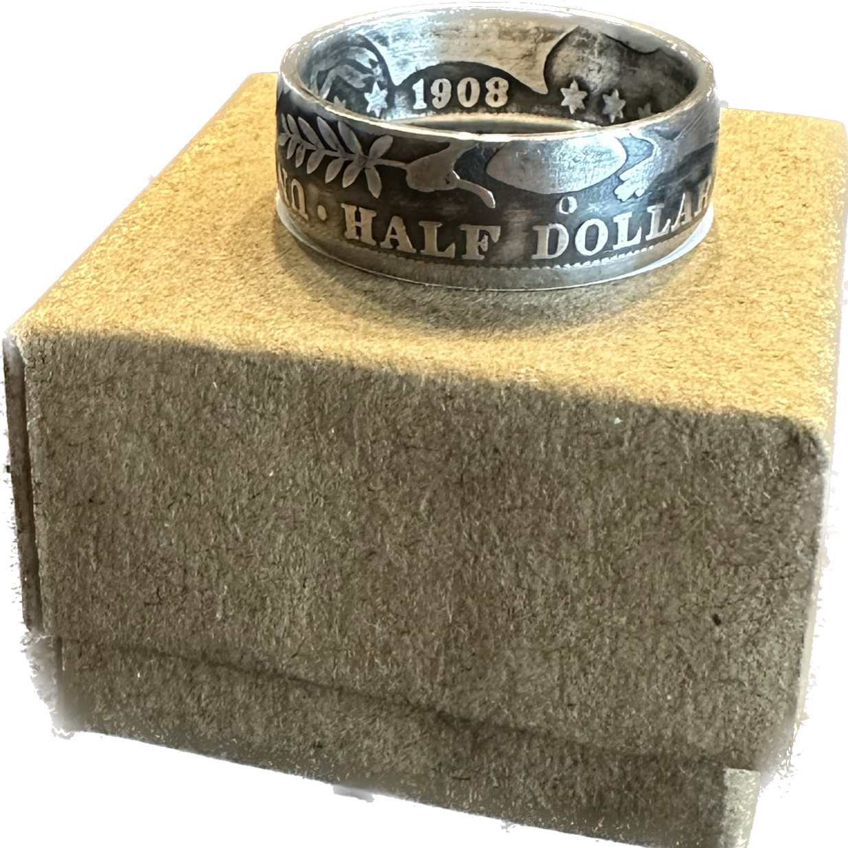Barber Half Dollar Silver Coin Ring (reverse) on brown kraft box. - Mountainstruck Coin Jewelry