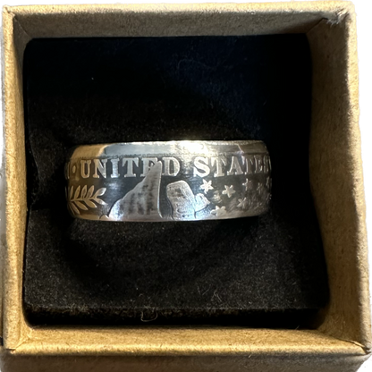 Barber Half Dollar Silver Coin Ring (reverse) in brown kraft box on a black velvet background. - Mountainstruck Coin Jewelry