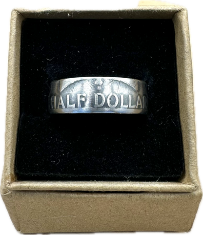 Ben Franklin Half Dollar Silver Coin Ring in a brown kraft box on a black velvet background. - Mountainstruck Coin Jewelry