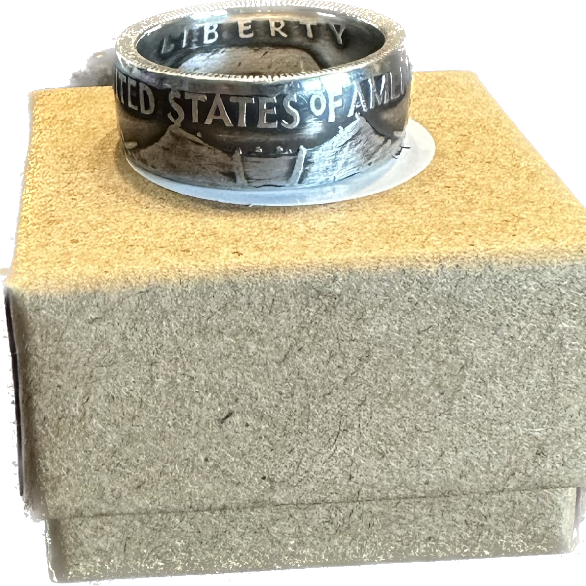 Ben Franklin Half Dollar Silver Coin Ring on a brown kraft box. - Mountainstruck Coin Jewelry