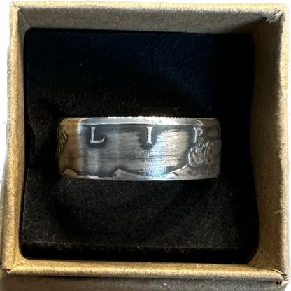 JFK 1964 Half Dollar Silver Coin Ring in a brown kraft box on  black velvet background. - Mountainstruck Coin Jewelry