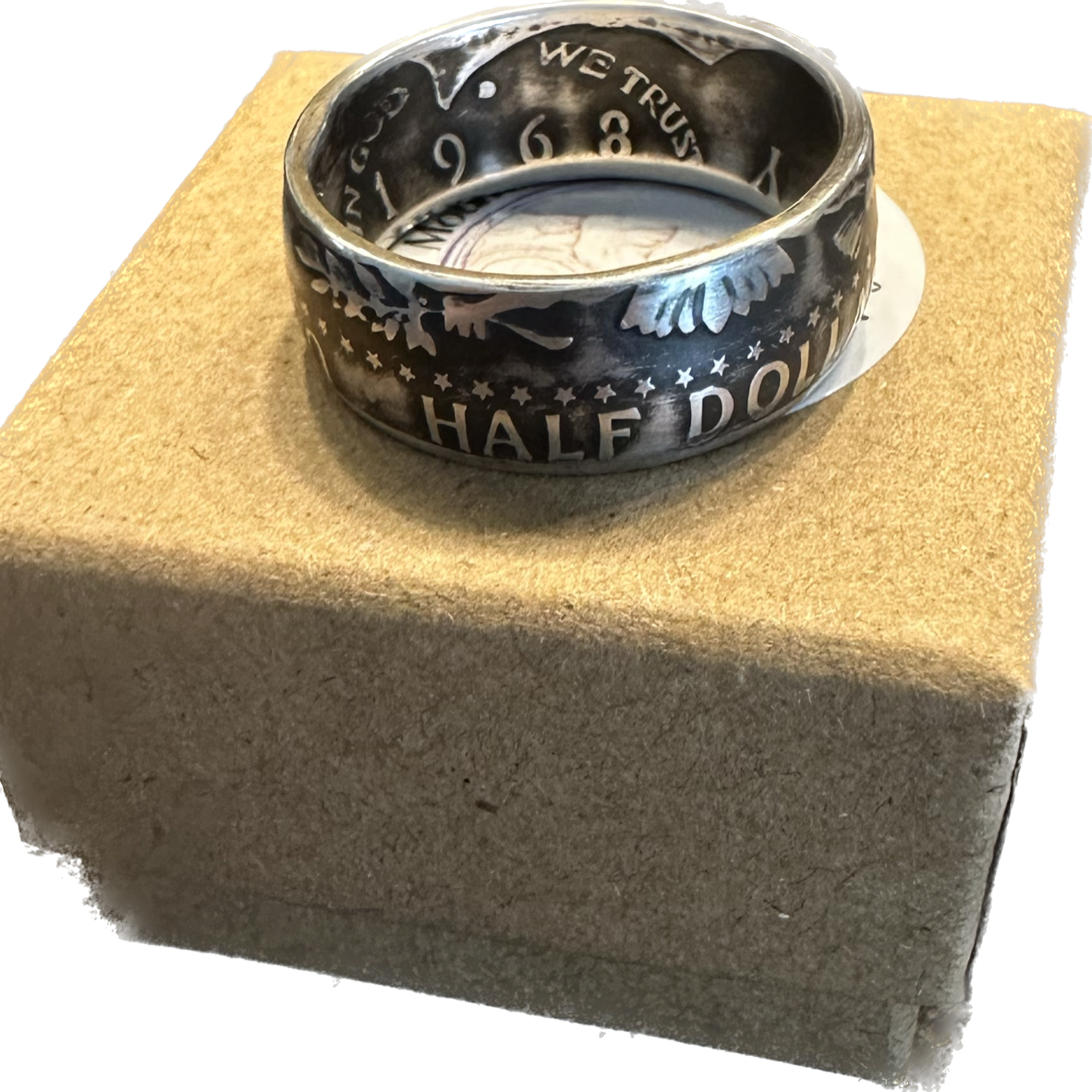 JFK Silver Half Dollar Coin Ring (reverse) on a brown kraft box. - Mountainstruck Coin Jewelry