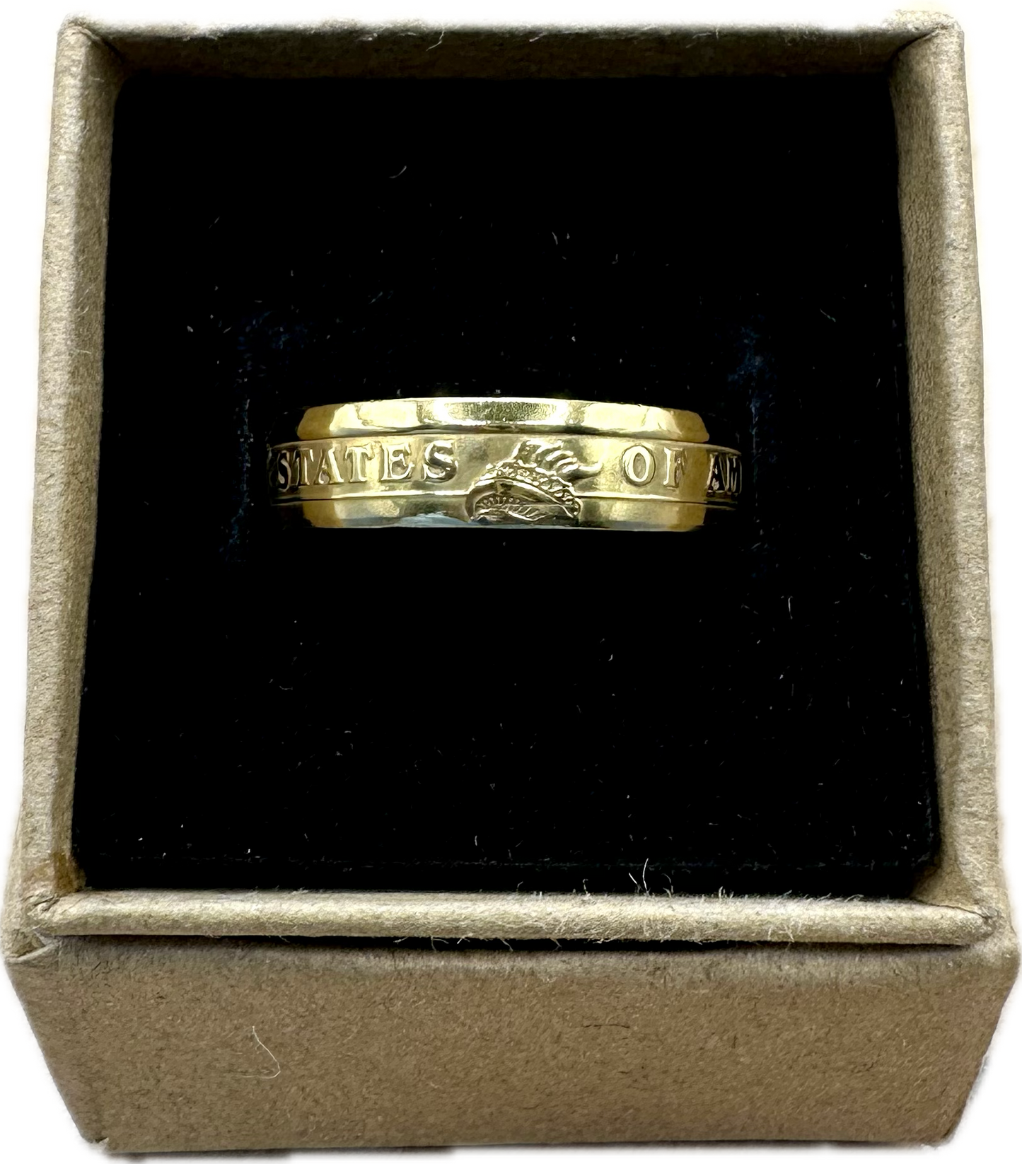 Presidential Dollar Coin Ring (Reverse) 24k Gold Plated in a brown kraft box on a black velvet background. - Mountainstruck Coin Jewelry