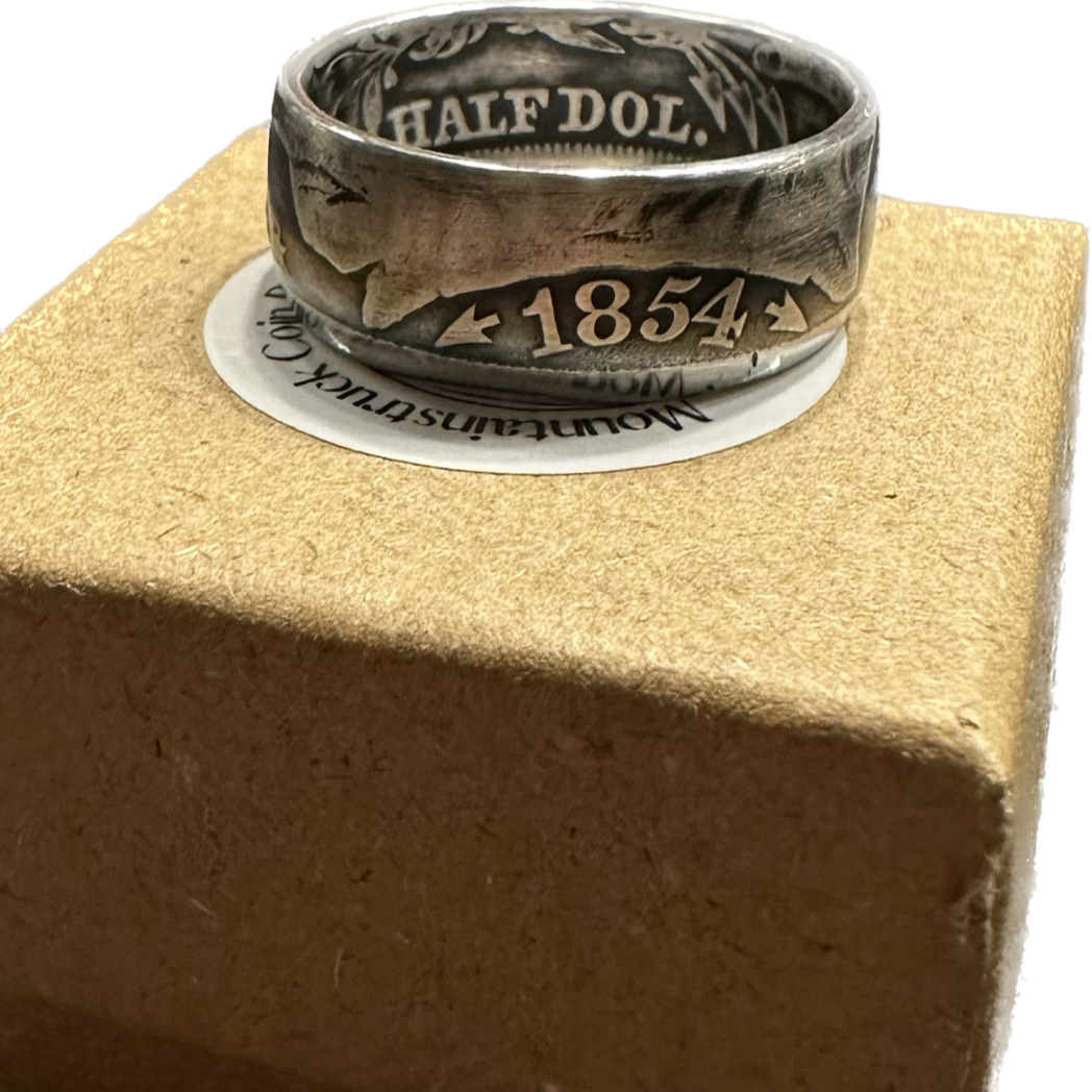Seated Liberty Silver Half Dollar Coin Ring on a brown kraft box. - Mountainstruck Coin Jewelry