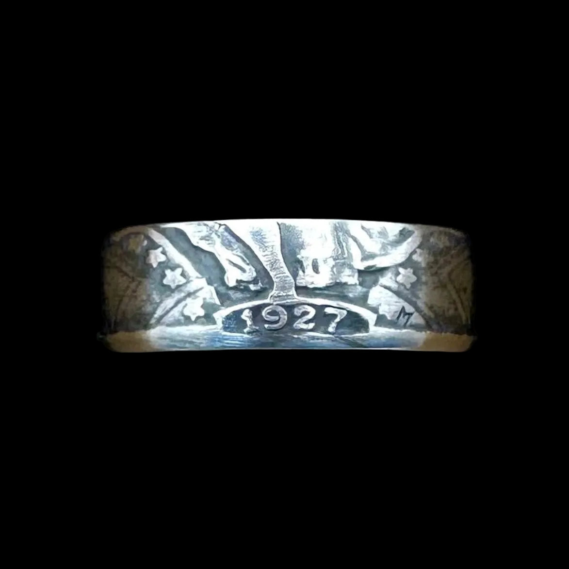 U.S. Standing Liberty Quarter Silver Coin Ring in a brown kraft box on a black velvet background. - Mountainstruck Coin Jewelry