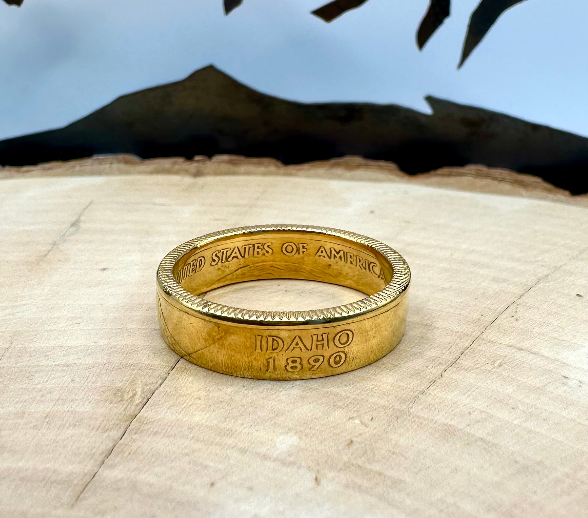 Gold Plated U.S. State Quarter Coin Ring featuring Idaho on a light wood round with metal mountain background. - Mountainstruck Coin Jewelry
