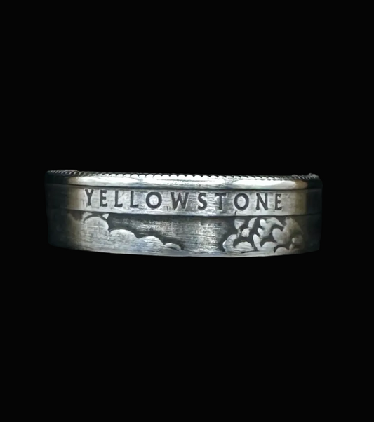 U.S. Yellowstone Quarter Coin Ring in a brown kraft box on a black velvet background. - Mountainstruck Coin Jewelry