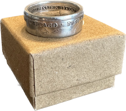  U.S. 1892-1893 Chicago Columbus Silver Half Dollar Coin Ring on a brown kraft box. - Mountainstruck Coin Jewelry