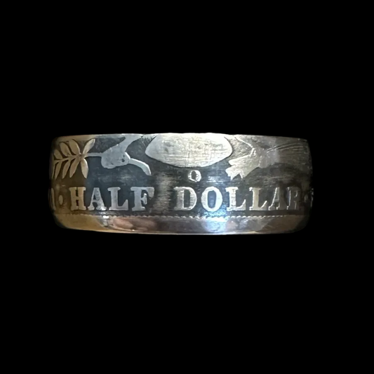 U.S. Barber Half Dollar Silver Coin Ring (reverse) in a brown kraft box on a black velvet background. - Mountainstruck Coin Jewelry