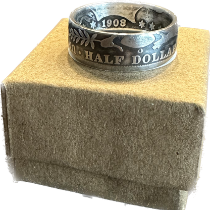 U.S. Barber Half Dollar Silver Coin Ring (reverse) on brown kraft box. - Mountainstruck Coin Jewelry