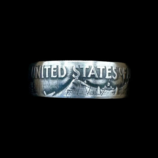 U.S. Ben Franklin Half Dollar Silver Coin Ring in a brown kraft box on a black velvet background. - Mountainstruck Coin Jewelry