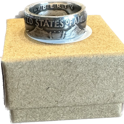 U.S. Ben Franklin Half Dollar Silver Coin Ring on a brown kraft box. - Mountainstruck Coin Jewelry
