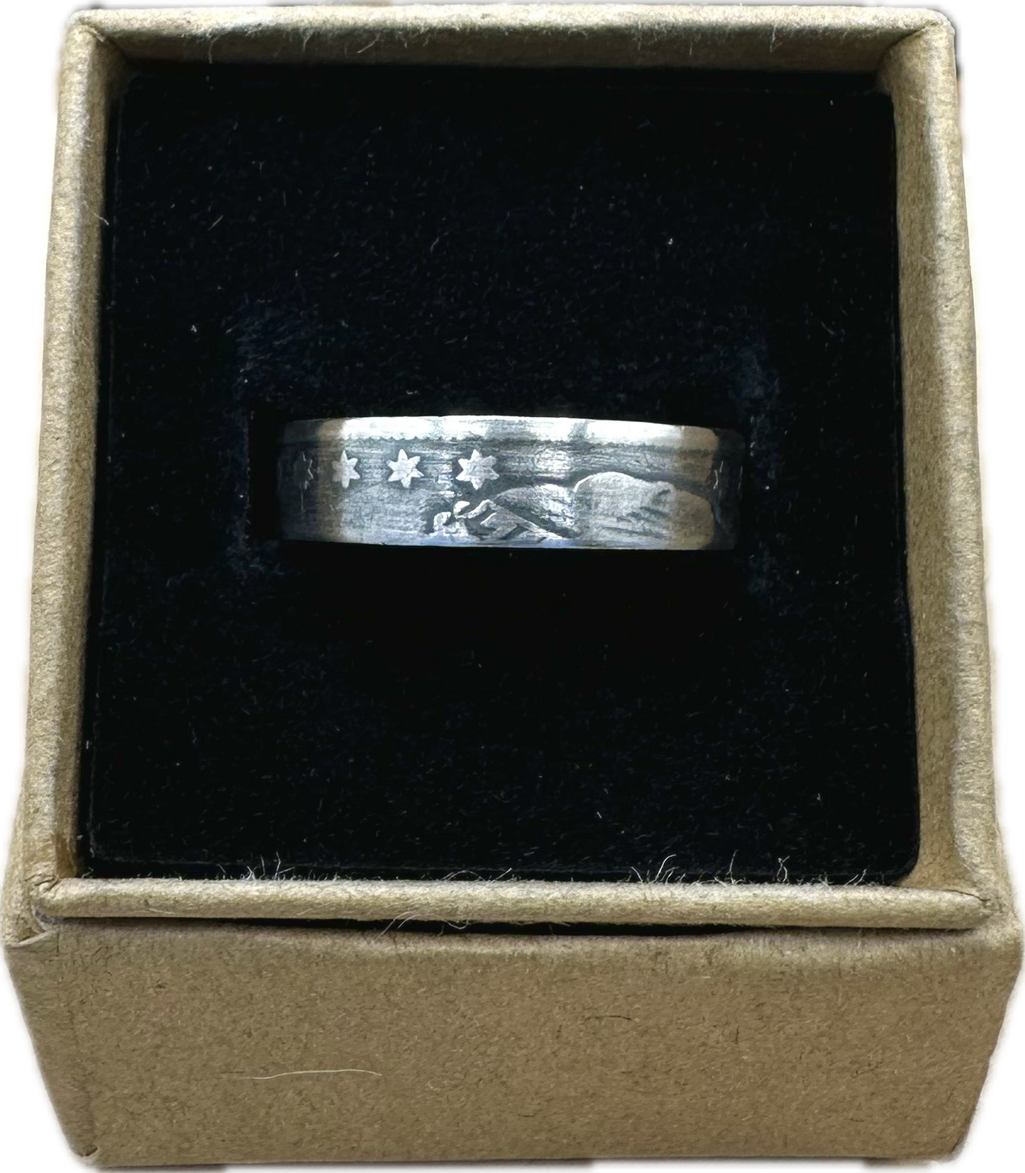 U.S. Capped Bust Liberty Quarter Silver Coin Ring in a brown kraft box on a black velvet background. - Mountainstruck Coin Jewelry