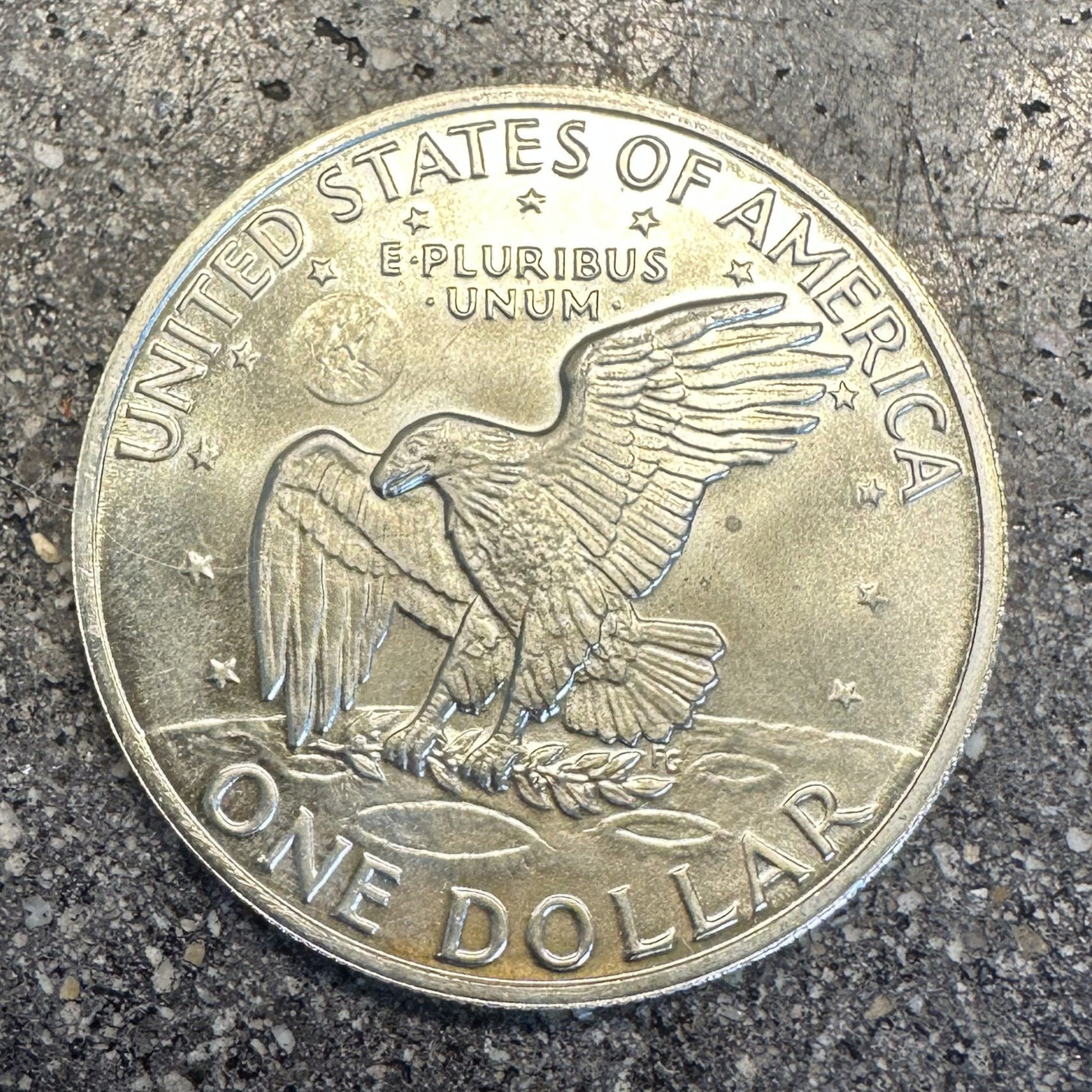U.S. Eisenhower One Dollar 40% Silver Coin back on a dark concrete background. - Mountainstruck Coin Jewelry