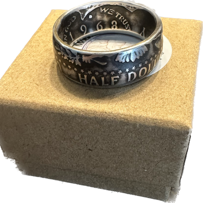 U.S. JFK Silver Half Dollar Coin Ring (reverse) on a brown kraft box. - Mountainstruck Coin Jewelry