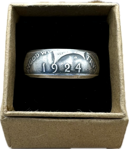 U.S. Peace Dollar Silver Coin Ring in a brown kraft box on a black velvet background. - Mountainstruck Coin Jewelry