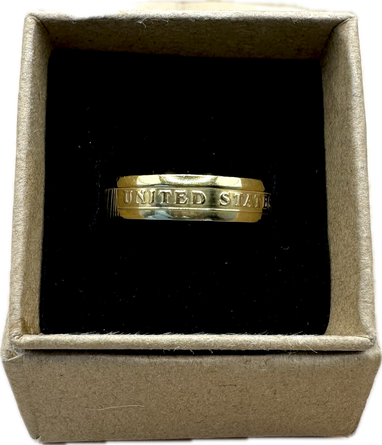 U.S. Presidential Dollar Coin Ring (Reverse) 24k Gold Plated in a brown kraft box on a black velvet background. - Mountainstruck Coin Jewelry