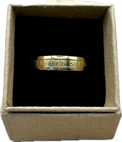 U.S. Presidential Dollar Coin Ring (Reverse) 24k Gold Plated in a brown kraft box on a black velvet background. - Mountainstruck Coin Jewelry