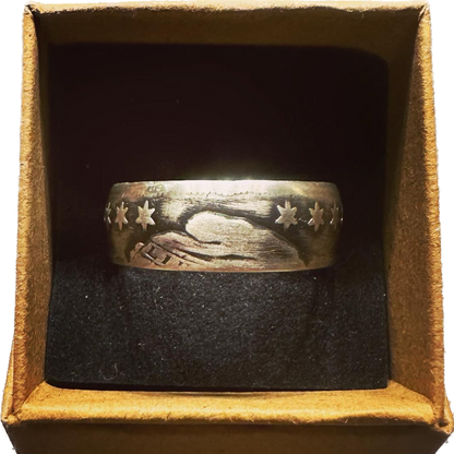 U.S. (Rare) Capped Bust Liberty Silver Half Dollar Coin Ring in brown kraft box with black velvet background. - Mountainstruck Coin Jewelry