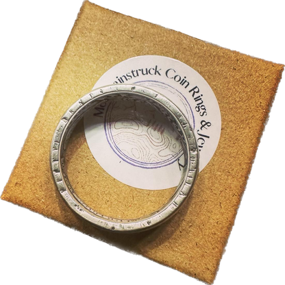 U.S. (Rare) Capped Bust Liberty Silver Half Dollar Coin Ring edge with inscription on brown kraft box. - Mountainstruck Coin Jewelry