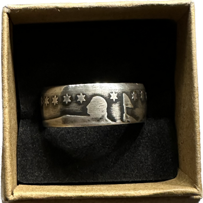 U.S. Seated Liberty Silver Half Dollar Coin Ring (patina) in a brown kraft box on a black velvet background. - Mountainstruck Coin Jewelry