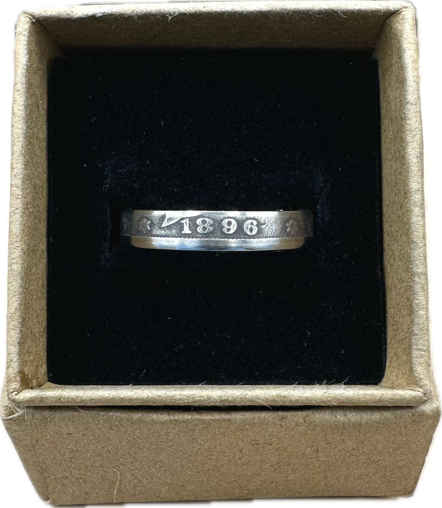 U.S. "V" Nickel Coin Ring in a brown kraft box on black velvet background. - Mountainstruck Coin Jewelry
