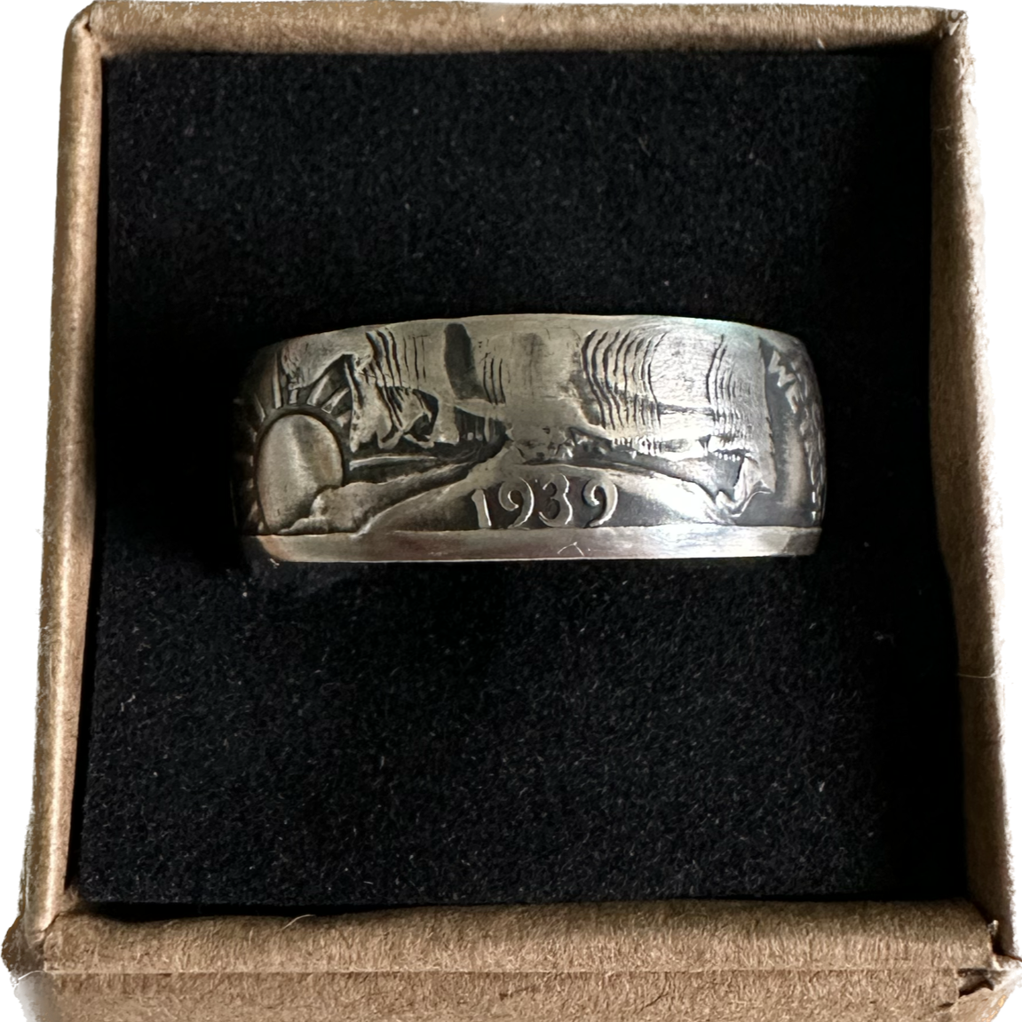 U.S. Walking Liberty Silver Half Dollar Coin Ring on a black velvet background in a brown kraft box. - Mountainstruck Coin Jewelry