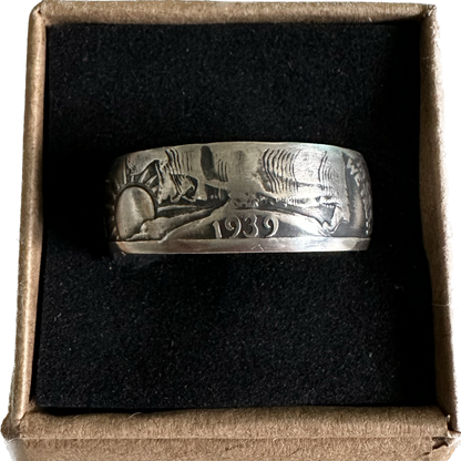 U.S. Walking Liberty Silver Half Dollar Coin Ring on a black velvet background in a brown kraft box. - Mountainstruck Coin Jewelry