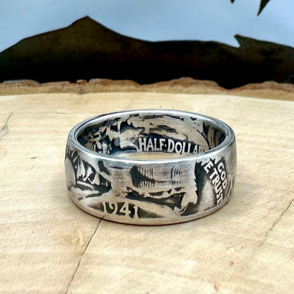 U.S. Walking Liberty Half Dollar Silver Coin Ring size 7 on a light wood round. - Mountainstruck Coin Jewelry
