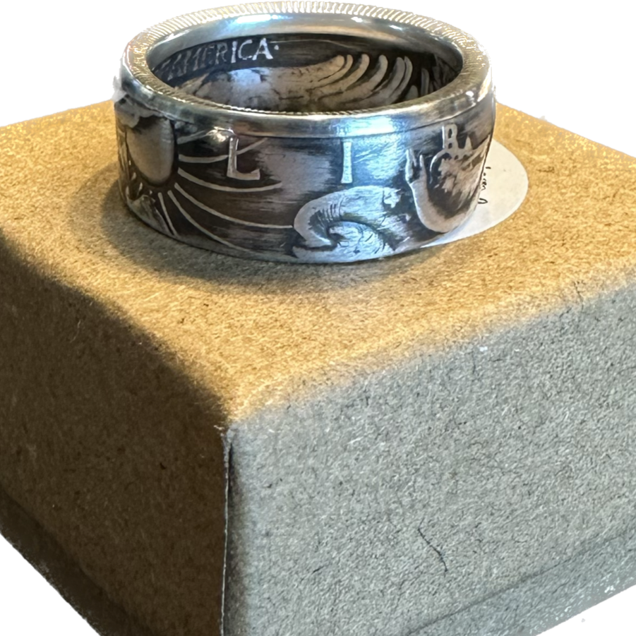 U.S. Walking Liberty Silver Half Dollar Coin Ring on a brown kraft box. - Mountainstruck Coin Jewelry