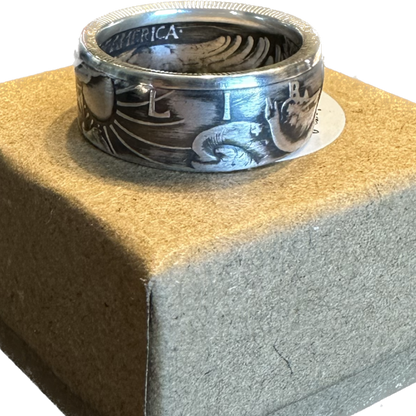 U.S. Walking Liberty Silver Half Dollar Coin Ring on a brown kraft box. - Mountainstruck Coin Jewelry