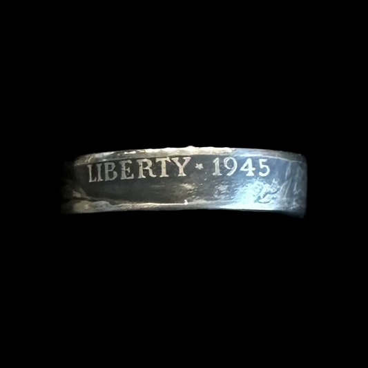 U.S. WW2 Nickel Silver Coin Ring in a brown kraft box on a black velvet background. - Mountainstruck Coin Jewelry