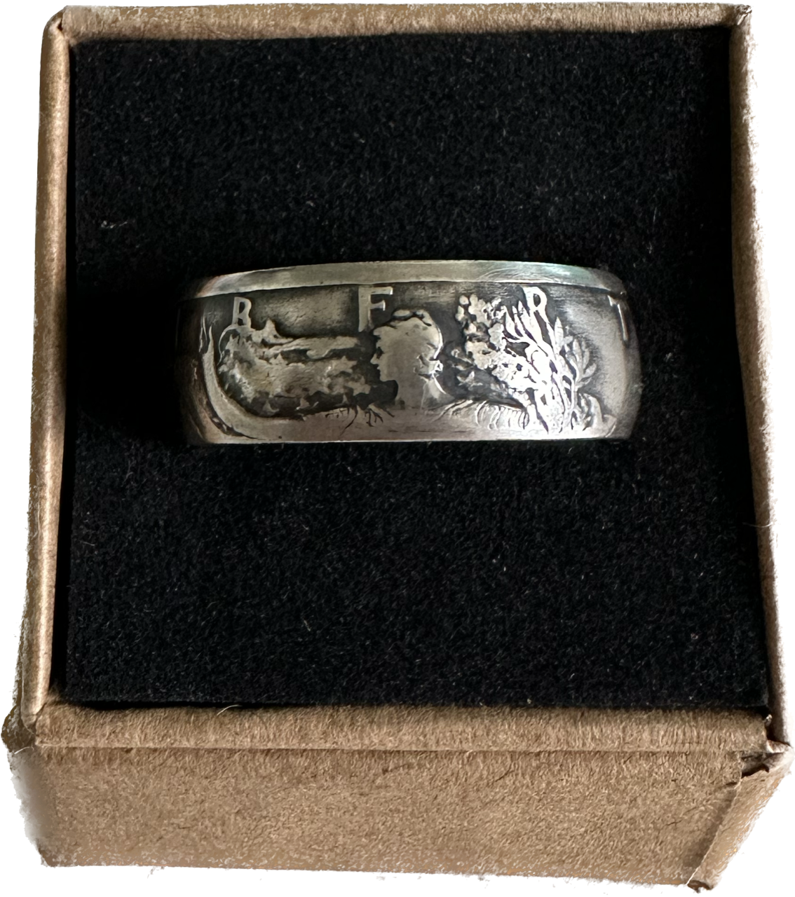 Walking Liberty Silver Half Dollar Coin Ring on a brown kraft box. - Mountainstruck Coin Jewelry