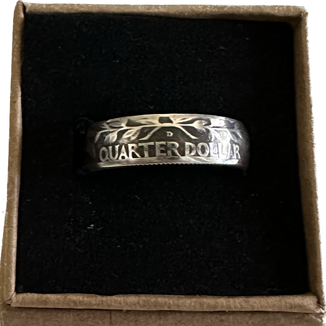 Washington Quarter Silver Coin Ring (reverse) in a brown kraft box on a black velvet background. - Mountainstruck Coin Jewelry