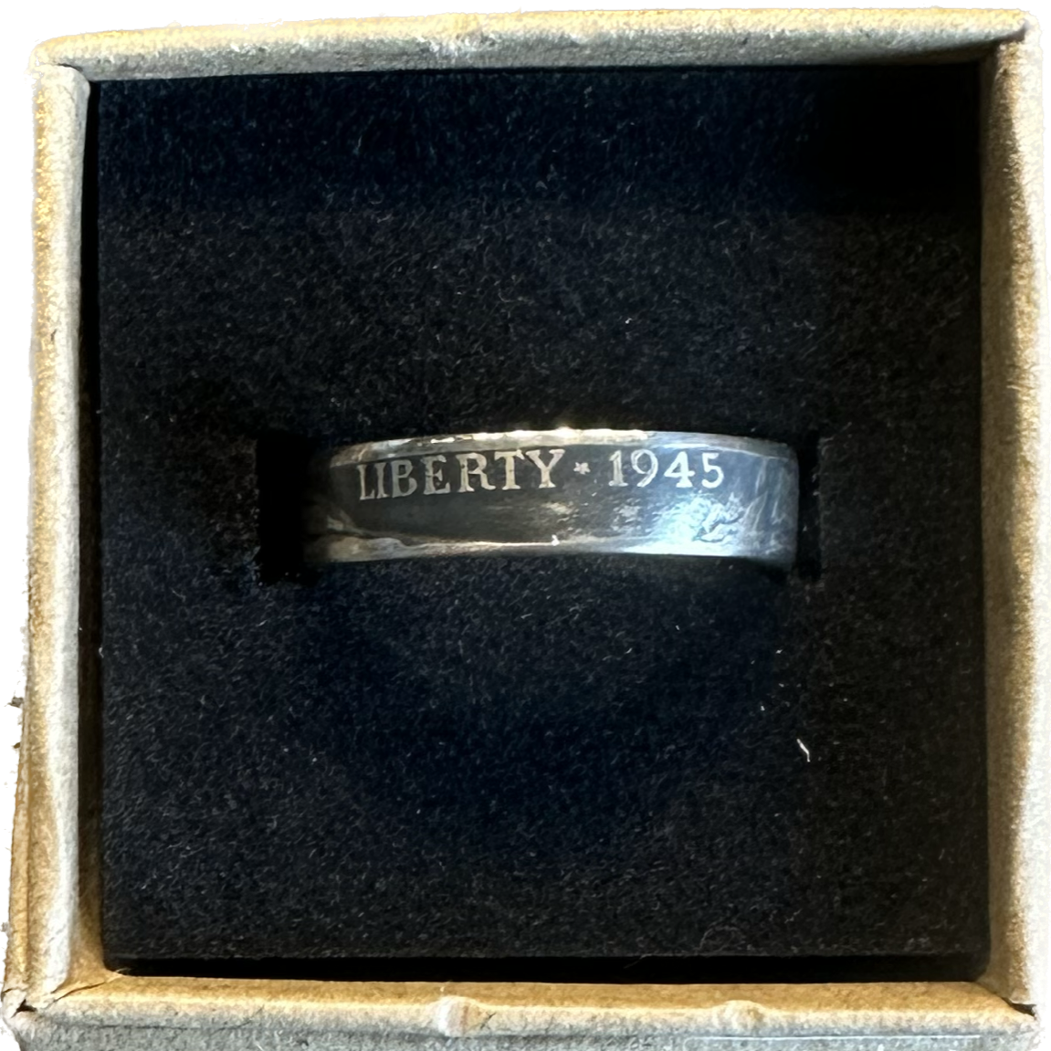 WW2 Nickel Silver Coin Ring in a brown kraft box on a black velvet background. - Mountainstruck Coin Jewelry