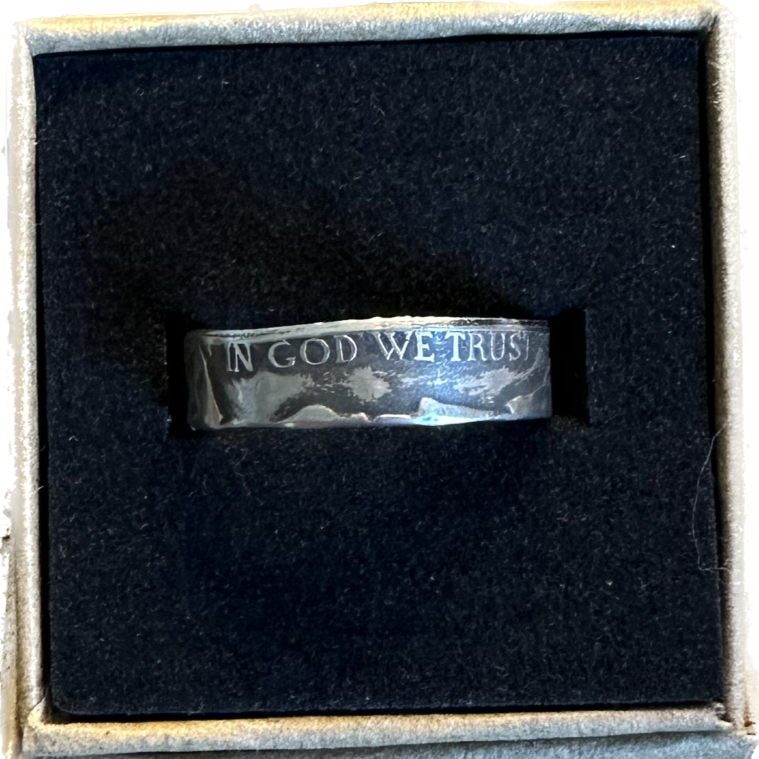 WW2 Nickel Silver Coin Ring in a brown kraft box on a black velvet background. - Mountainstruck Coin Jewelry