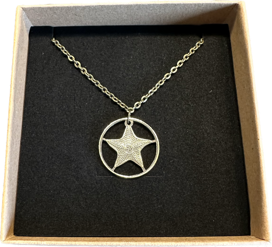 Bahamas 1 Cent Starfish hand cut coin necklace in a brown kraft box on a black velvet background.