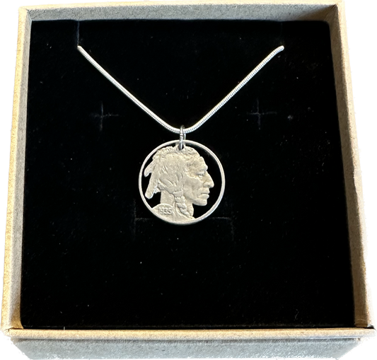 U.S. Buffalo Nickel (Front) Coin Necklace with a snake chain in brown kraft box on black velvet background.