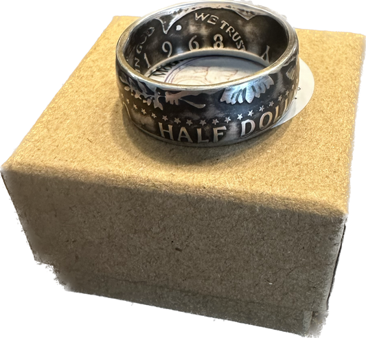 JFK Silver Half Dollar Coin Ring (reverse) on a brown kraft box.