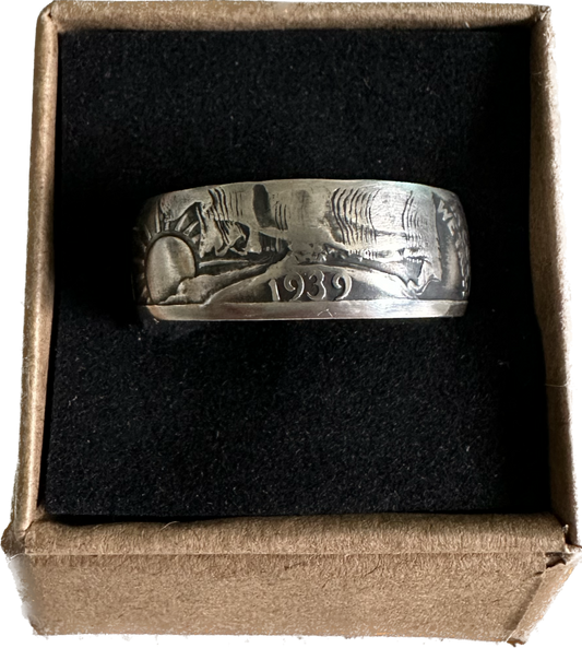 Walking Liberty Silver Half Dollar Coin Ring on a brown kraft box.
