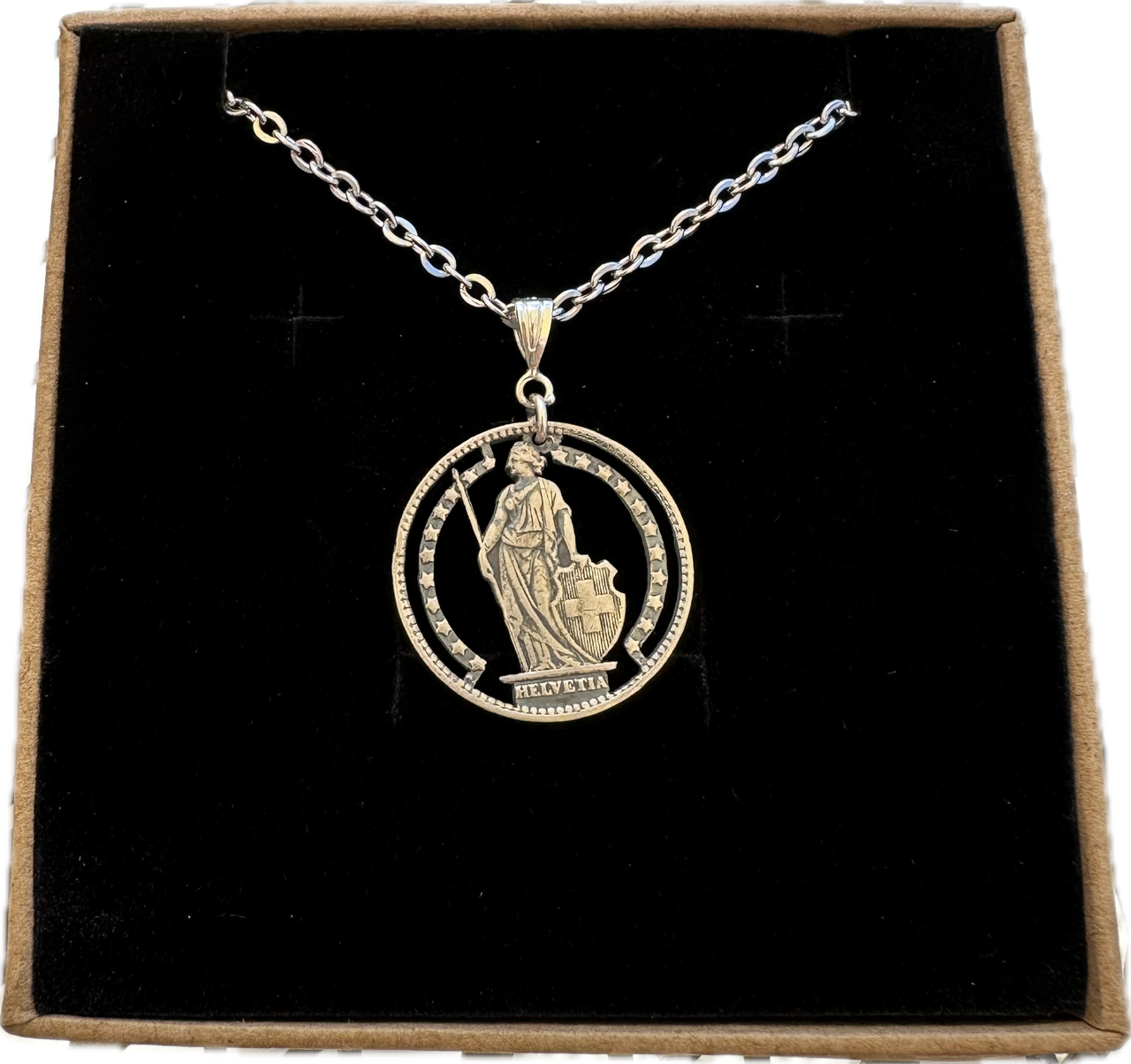 Silver Lady Swiss 1 Franc Cut Coin Necklace