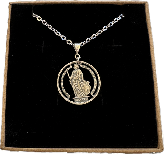 Silver Lady Swiss 1 Franc Cut Coin Necklace