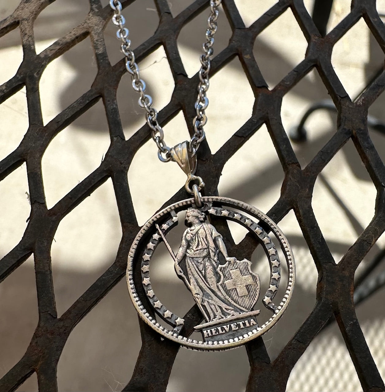 Silver Lady Swiss 1 Franc Cut Coin Necklace